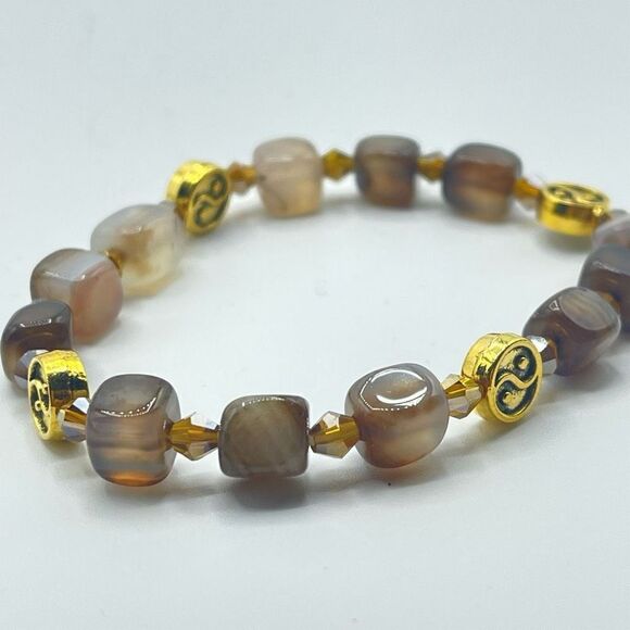 Crystal beaded stretch bracelet ONE NEW yin Yang coffee agate - Picture 6 of 10